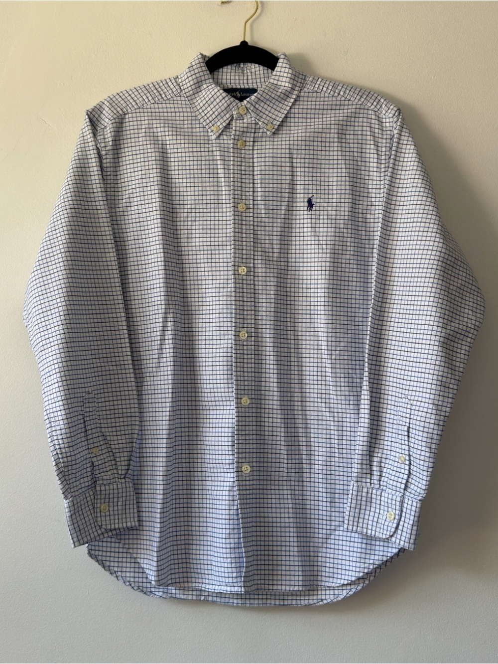 Ralph Lauren Men’s White and Blue Mini Check Button-Down Shirt 100% cotton